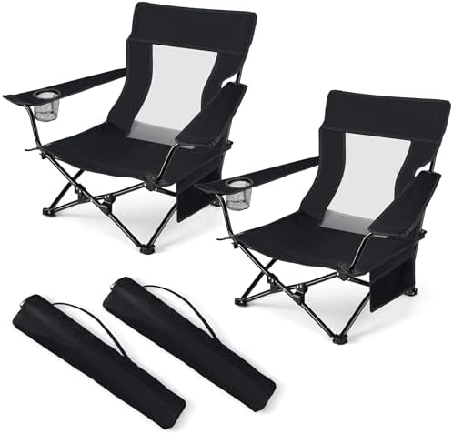 HaSteeL Low Beach Chairs, 2Pcs Folding Camping Lawn Chairs - Black