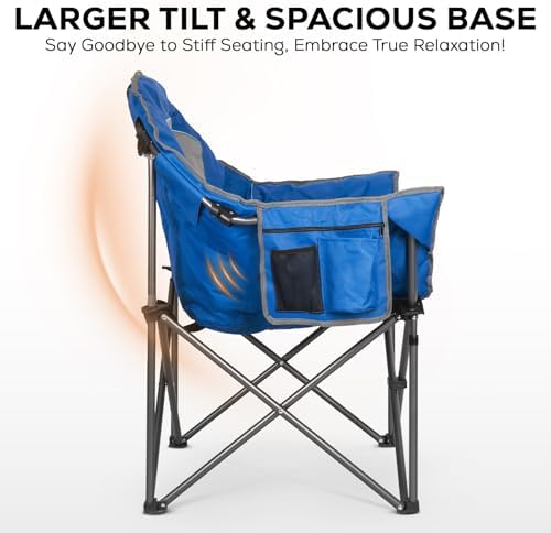 Romswi Oversized XXL Padded Camping Chairs for Adults, 1Pcs 500lbs Heavy Duty Support, 500G Ultra-Thick Cushion Sofa-Like Comfort, Folding Lawn Chair with Cooler Bag & Side Pockets, Blue