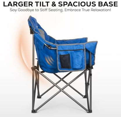 Romswi Oversized XXL Padded Camping Chairs for Adults, 1Pcs 500lbs Heavy Duty Support, 500G Ultra-Thick Cushion Sofa-Like Comfort, Folding Lawn Chair with Cooler Bag & Side Pockets, Blue