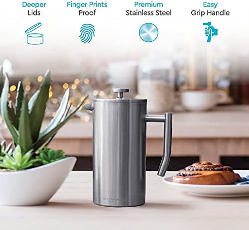 French Press Coffee Maker 34oz - 304 Stainless Steel Coffee Press, Double Wall Insulated Thermal French Press with 4-Level Filtration, 2 Extra Filters, Rust Resistant, Dishwasher Safe, 1 Liter Silver