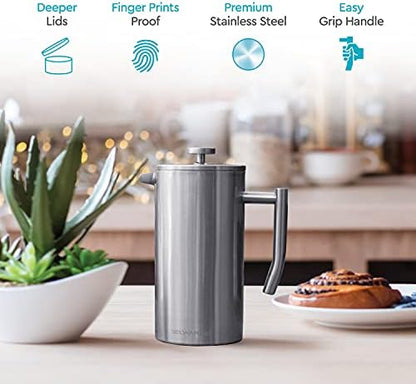 French Press Coffee Maker 34oz - 304 Stainless Steel Coffee Press, Double Wall Insulated Thermal French Press with 4-Level Filtration, 2 Extra Filters, Rust Resistant, Dishwasher Safe, 1 Liter Silver
