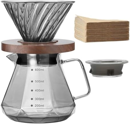 Lalord Pour Over Coffee Maker, 20 oz Borosilicate Glass Carafe with 100 pcs Paper Filter, Walnut Handle & Glass Lid, Drip Coffee Maker for Home Café Restaurant Camping, 600 ml, Gray