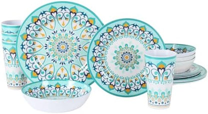 Melamine Dinnerware Set for 4-16 Pcs:Camping Dishes Set with Dinner Plates,Salad Plates,Bowls and Cups.Lightweight and Unbreakable.Indoor and Outdoor Use.