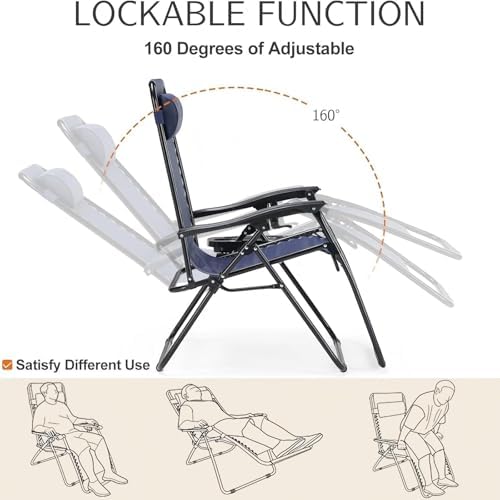 Sweetcrispy Zero Gravity Chairs, Set of 4 Portable Recliner Beach Camping Patio Outdoor Folding Lounge Chair with Cup Holder Trays and Adjustable Pillow for Poolside, Garden, Backyard, Lawn, Blue
