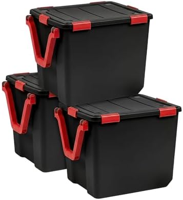 IRIS USA 3-Pack 106 Qt Storage Bins with Gasket Lids, Black/Red