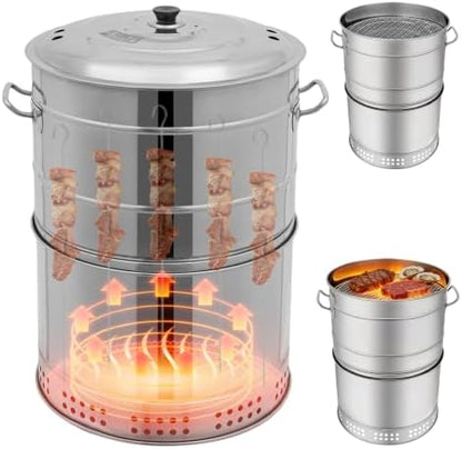 360° Smokeless Stainless Steel BBQ Grill Barrel Portable Charcoal BBQ 2-in-1 Vertical Smoker Barrel Grill for Outdoor Barbecue, Camping, And Backyard Cooking (Large-50 Skewers)
