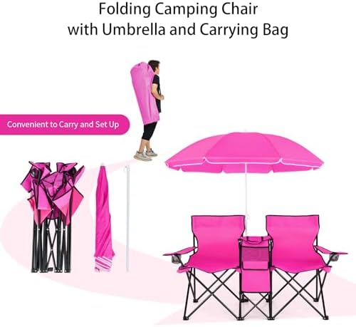 Goplus Double Camping Chairs with Umbrella, Cooler for Beach Patio