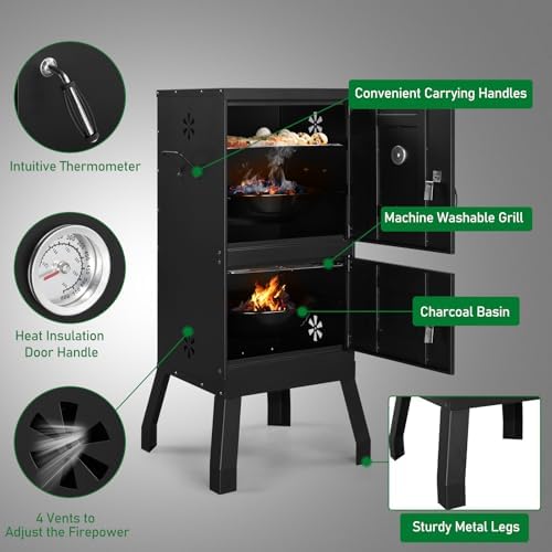 40" Portable Charcoal Grill,Metal Outdoor Barbecue Smoker,Heavy Duty Outdoor BBQ Grill,Portable Vertical Camping Barbecue Grill,with Doors & Thermometer,for Garden Patio Beach Backyard (Black)