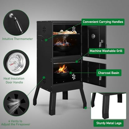 40" Portable Charcoal Grill,Metal Outdoor Barbecue Smoker,Heavy Duty Outdoor BBQ Grill,Portable Vertical Camping Barbecue Grill,with Doors & Thermometer,for Garden Patio Beach Backyard (Black)