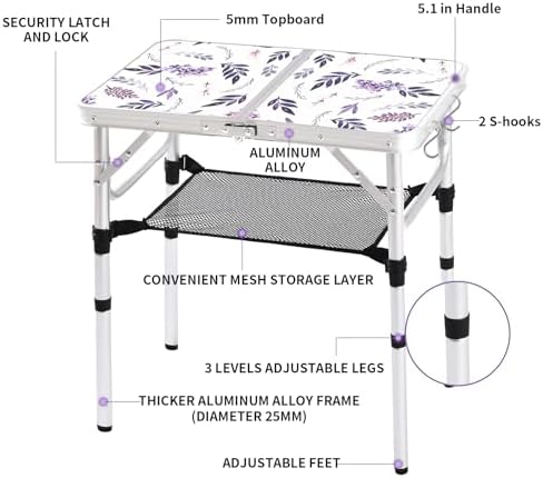 Yriuat Folding Camping Table 2ft Portable Picnic Table, Misty Lilac