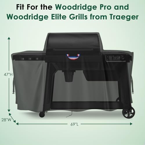 Grill Cover for Traeger Woodridge Pro/Elite Grills, Outdoor Waterproof BBQ Smoker Cover with Top Handles & Adjustable Straps, Pellet Grill Heavy Duty Accessory- 69x28x47 in, Black