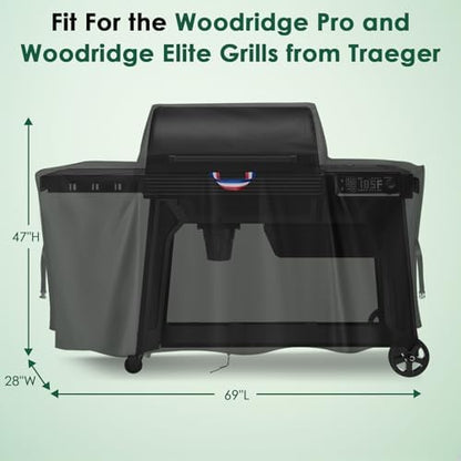 Grill Cover for Traeger Woodridge Pro/Elite Grills, Outdoor Waterproof BBQ Smoker Cover with Top Handles & Adjustable Straps, Pellet Grill Heavy Duty Accessory- 69x28x47 in, Black