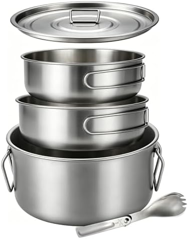 BY-J Titanium Camping Cookware 2200ml+1200ml+700ml Titanium Pot with Lid and Stainless steel spatula, Compact Backpacking and Travel Kitchenware for Camping, Hiking and Fishing