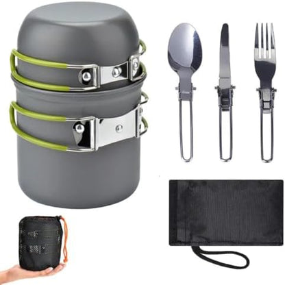 Peidesi Camping Cookware Mess Kit, Portable Camp Stove Pots and Pans Set, Carabiner, Folding Knife, Fork Spoon Kit, Carry Mesh Bag, for Backpacking