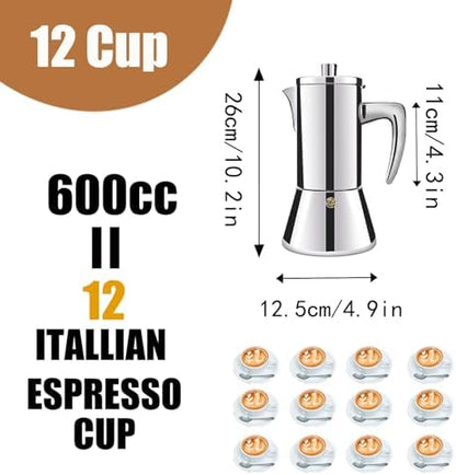 12 Cup Thickened 304 Stainless Steel Moka Pot Stovetop Espresso Maker Cafeteras Italian Percolator Espress Makers Capable Greca Mocha Coffee Machine for Induction Home and Camping 600ml 20oz