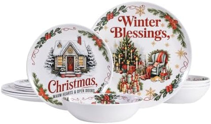 Vintage Christmas Dinnerware Set for 4, 12-Piece Melamine Dish Set