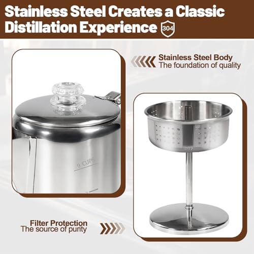 9 Cup Percolator 304 Stainless Steel Coffee Pot Coffee Maker Coffee Machine with Solid Wood Handle Transparent Knob Stovetop Greca Mocha for Induction Home and Camping 1500ml 50.7oz