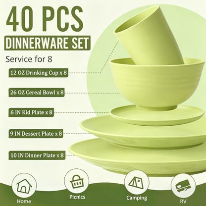 Wheat Straw Dinnerware Set 40-Piece Service for 8 Unbreakable Dishes Set Plates and Bowls Sets Drinking Glasses Microwave Safe Dish Set Lightweight Dinnerware Set for Home & Kitchen - Yellow