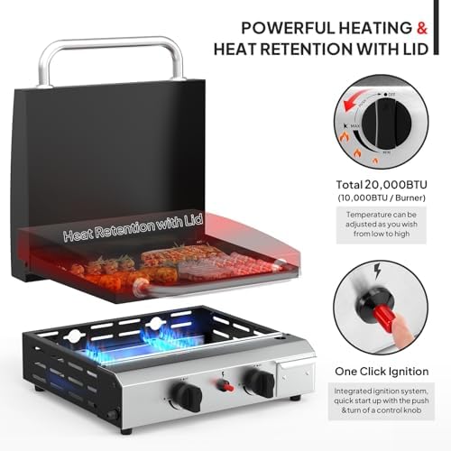Bonnlo 2 Burner Portable Propane Griddle with Lid, 20000BTU Tabletop Flat Gas Grill with Ignition and Oil Collector, Camping Griddle for Outdoor Cooking Patio Backyard Sandbeach BBQ Party