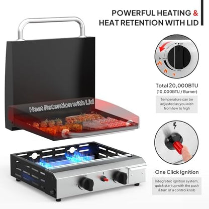 Bonnlo 2 Burner Portable Propane Griddle with Lid, 20000BTU Tabletop Flat Gas Grill with Ignition and Oil Collector, Camping Griddle for Outdoor Cooking Patio Backyard Sandbeach BBQ Party
