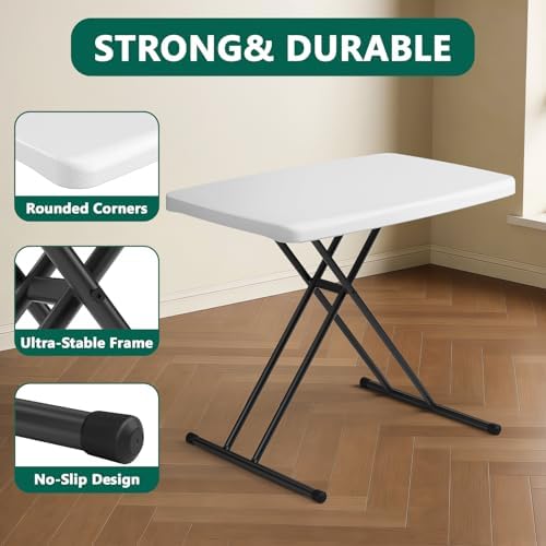 Folding Table- Small Desk Adjustable Height TV Tray for Laptop, Couch, Camping - Heavy Duty Utility Foldable Table for Small Spaces, No Assembly Required, White Granite (White, 30in-2pack)