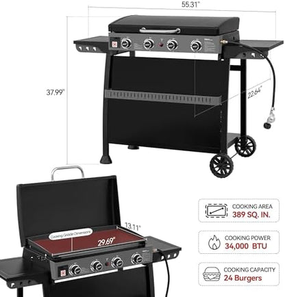 Royal Gourmet PD4001 4 Burner Propane Gas Griddle, Removable Standing Cart