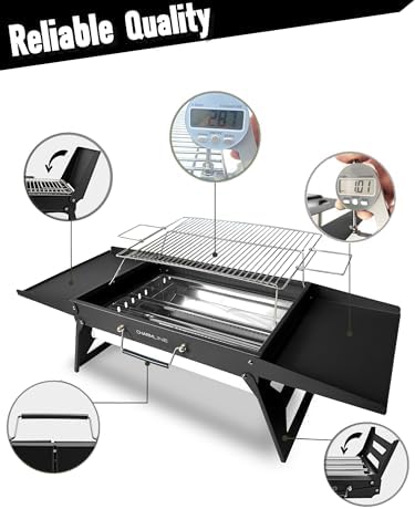 Charmline 18x13 inches Big Desktop Charcoal Grill, Liftable Grilling Net, Foldable Portable Grill for Indoor and Outdoor, BBQ Grill for Camping, Gardens, Picnics, Beach Parties, Black