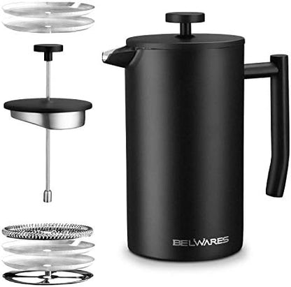 French Press Coffee Maker, 34oz Insulated Stainless Steel, Matte Black