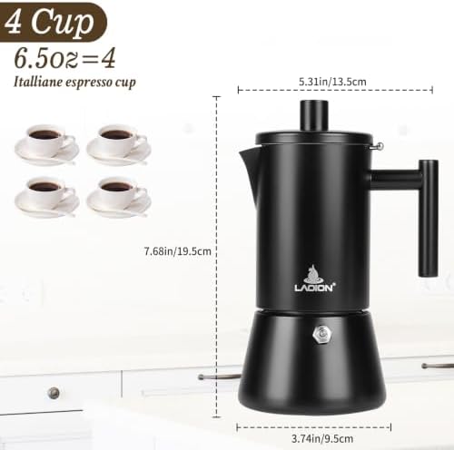 LAOION Stovetop Espresso Maker, 4Cup 6.8 oz Moka Pot, Stainless Steel