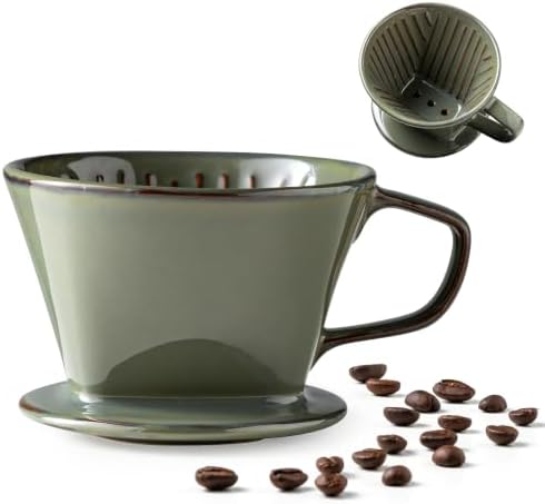 Gomakren Ceramic Pour Over Coffee Dripper, 3-Hole Cone Brewer, Olive Green