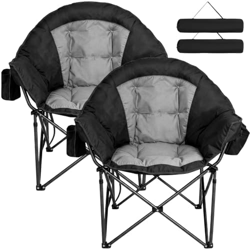 Romswi 2Pcs Oversized XL Padded Camping Chair for Adults, 500lbs Support Heavy-Duty Padded Folding Chair with Side Pocket Cup Holder, Wide&Thick, for Outdoor,Black