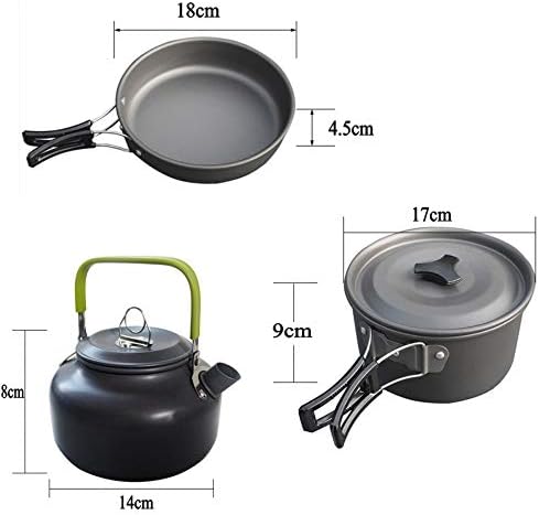 JZK Camp Cookware 2-3 People Set, Pan Pot Teapot Lightweight Outdoor Portable Camping Cooker Set for Trekking Hiking BBQ Picnic Campfire
