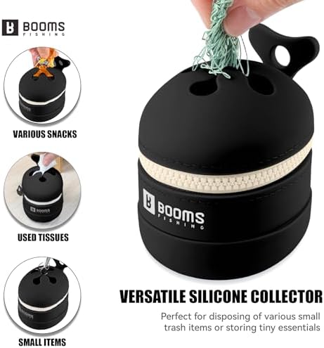 Booms Fishing Portable Trash Pouch: Silicone Expandable & Collapsible Fishing Line Waste Cantainer - Eco-Friendly Reusable Garbage Holder for Fishing, Hiking, Camping & Outdoor Activities - ST2 Black