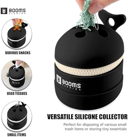 Booms Fishing Portable Trash Pouch: Silicone Expandable & Collapsible Fishing Line Waste Cantainer - Eco-Friendly Reusable Garbage Holder for Fishing, Hiking, Camping & Outdoor Activities - ST2 Black