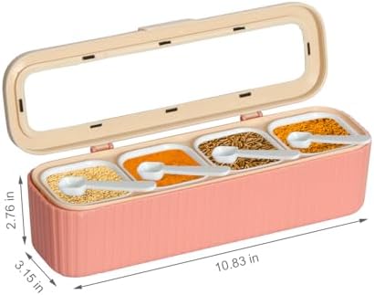 Clear Seasoning Box, 4 Packs Seasoning Rack Spice Pots, Condiment Jars Seasoning Box with Clear Covers and Spoons for Spice, Sugar, Salt, Pepper, Garlic Powder (Pink)