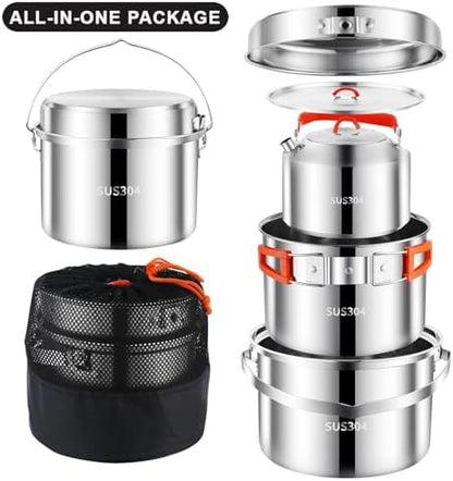 Camping Cookware Set 304 Stainless Steel Camping Pots and Pans Set