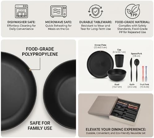 4 Person Dinnerware Set with Cutlery Reusable Plates Bowls for Camping Travel Picnic Dishwasher Microwave Safe Outdoor Tableware Service 4