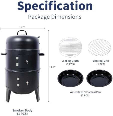 16 inch Vertical Charcoal Smoker, BBQ Grill, Fire Pit, 3-in-1 with Built-in Thermometer, Adjustable Air Vent, Idea for Parties, Backyard, Patio, Camping