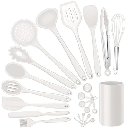 Silicone Kitchen Utensils Set, E-far 23 Pcs White Cooking Utensils Tools with Holder for Nonstick Cookware, Include Spatula/Spoon/Ladle/Tongs/Turner, Heat Resistant & Nontoxic, Dishwasher Safe