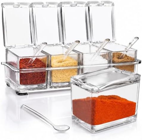 4-Cell Clear Seasoning Rack Spice Box, Storage Container Condiment Jars Acrylic Seasoning Box with Cover and Spoon (Enhanced Version Clear)