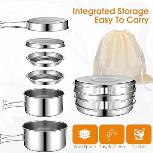 Funnymoom 15 Pcs Camp Cooking Set Stainless Steel Camping Cookware Mess Kit with Pot Pan and Stove 2 Set Stainless Steel Cups Plates Forks Knives Spoons for Camping Backpacking Outdoor Cooking Picnic