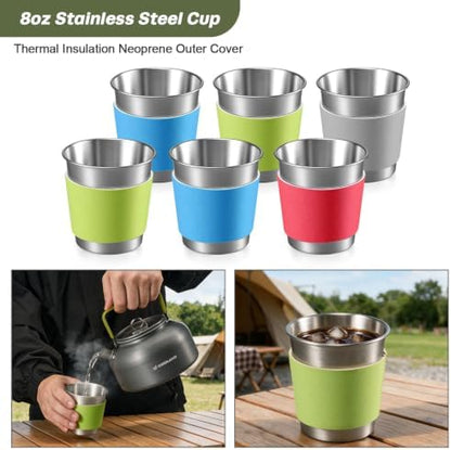 Odoland 39pcs Camping Cookware Mess Kit, Non-Stick Large Size Hanging Pot Pan Kettle with Base Dinner Cutlery Sets for 6 and More, Cups Dishes Forks Spoons Kit for Outdoor Camping Hiking Picnic