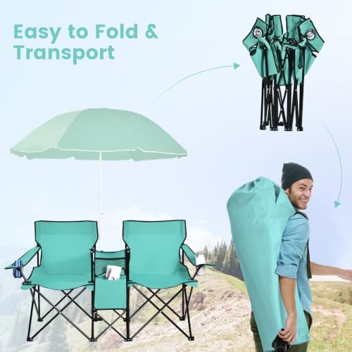 Goplus Double Camping Chairs with Umbrella, Cooler for Beach Patio
