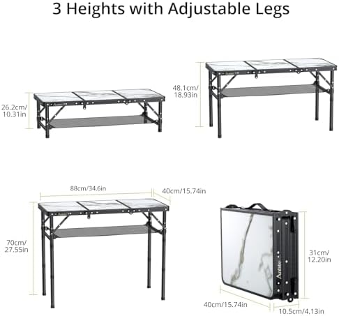 Anbte 3ft Folding Camping Table, 3 Adjustable Height Max 27.5", White