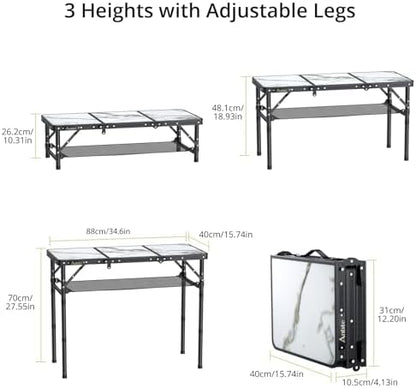 Anbte 3ft Folding Camping Table, 3 Adjustable Height Max 27.5", White