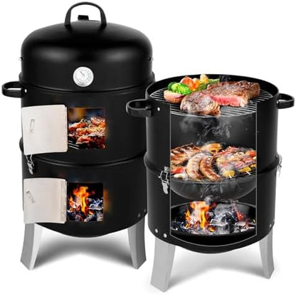 32" Portable Steel Barrel Charcoal Grill,Metal Outdoor Barbecue Smoker,Heavy Duty Outdoor BBQ Grill,Vertical Camping Barbecue Grill,with Thermometer,for Garden Patio Beach Backyard (Black)