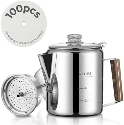 Coffee Percolator with 100pcs Coffee Filters - 6 Cups | Durable Stainless Steel Material Camping Coffee Pot| Brew Coffee On Fire, Grill or Stovetop | Ideal for Home, Camping