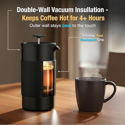 Travel French Press Coffee Maker Set - 12 oz | Portable Travel French Press Coffee Maker | Double Wall Insulated with Dual Stainless Filters & 2 Steel Canisters for Grounds, Tea, Creamer & Sugar