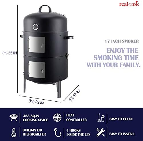 Realcook Vertical 17 Inch Steel Charcoal Smoker, Heavy Duty Round BBQ Grill