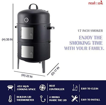Realcook Vertical 17 Inch Steel Charcoal Smoker, Heavy Duty Round BBQ Grill